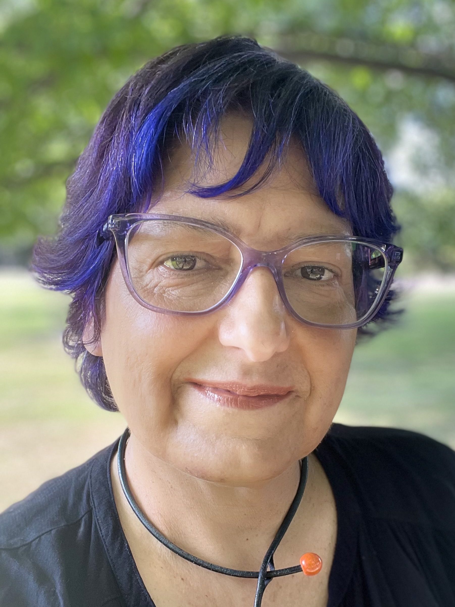 A headshot of Dr. Jodi Schorb, who is wearing glasses with translucent purple frames to match her hair, which is dyed purple. She is also wearing a black blouse and orange necklace, while smiling at the camera.