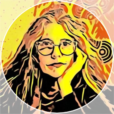 An illustration of Pamela Gilbert, colored in tones of yellow, orange, and brown. Her jaw rests on her open palm, while she looks directly at the viewer. She wears glasses and a small smile.