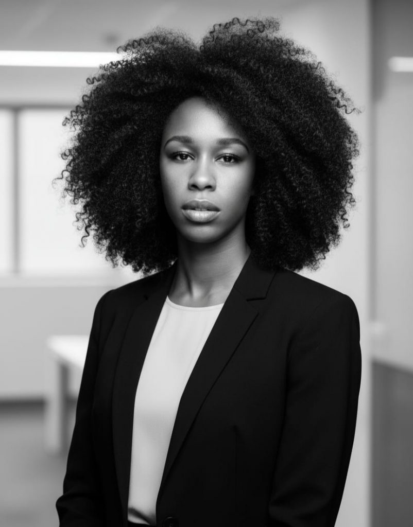 A black and white headshot of Adaobi Ejechi, a Black woman with a natural afro. She is wearing a dark blazer and looking into the camera.